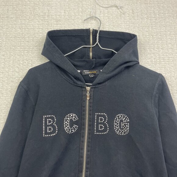 Y2K BCBG Maxazria Black Full Zip Hoodie Sweater Rhinestone Women Sz L Goth Punk - Picture 2 of 13